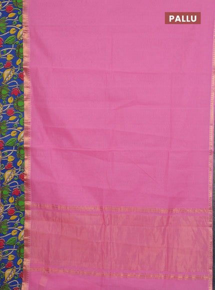 Mangalagiri cotton saree light pink and blue with plain body and rettapet zari woven kalamkari border