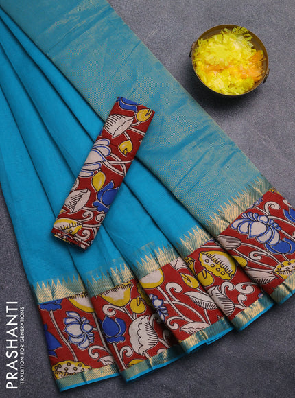 Mangalagiri cotton saree teal green and maroon with plain body and rettapet zari woven kalamkari border