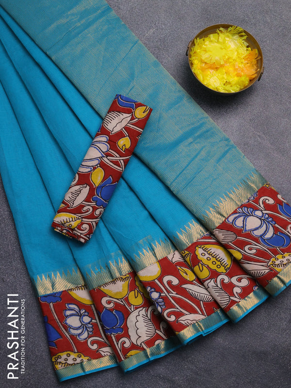 Mangalagiri cotton saree teal green and maroon with plain body and rettapet zari woven kalamkari border