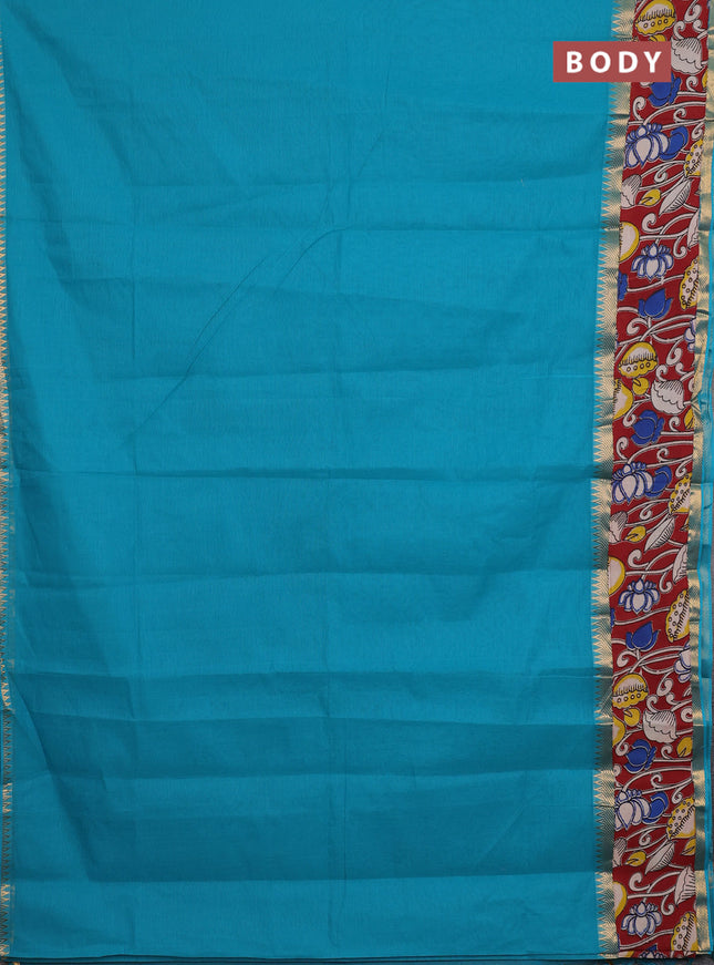 Mangalagiri cotton saree teal green and maroon with plain body and rettapet zari woven kalamkari border