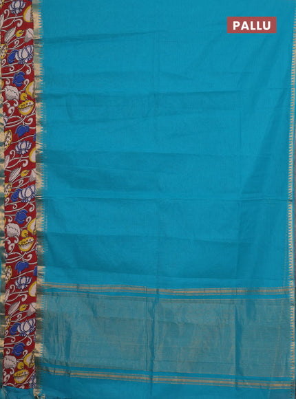 Mangalagiri cotton saree teal green and maroon with plain body and rettapet zari woven kalamkari border