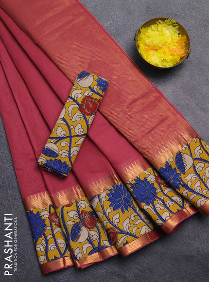 Mangalagiri cotton saree dark peach and yellow with plain body and rettapet zari woven kalamkari border