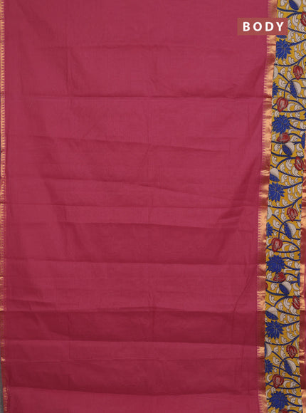 Mangalagiri cotton saree dark peach and yellow with plain body and rettapet zari woven kalamkari border
