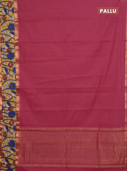 Mangalagiri cotton saree dark peach and yellow with plain body and rettapet zari woven kalamkari border