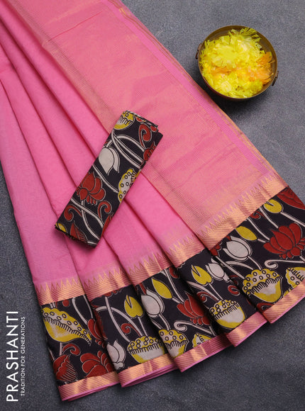 Mangalagiri cotton saree light pink and black with plain body and rettapet zari woven kalamkari border