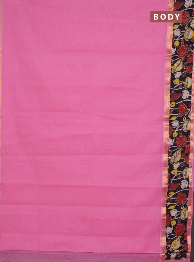 Mangalagiri cotton saree light pink and black with plain body and rettapet zari woven kalamkari border