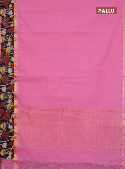 Mangalagiri cotton saree light pink and black with plain body and rettapet zari woven kalamkari border