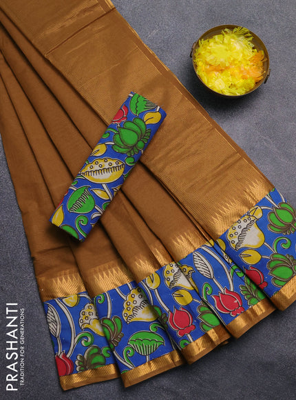 Mangalagiri cotton saree sandal and blue with plain body and rettapet zari woven kalamkari border