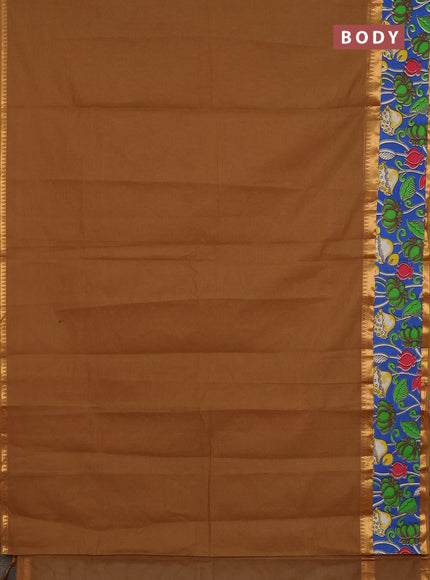 Mangalagiri cotton saree sandal and blue with plain body and rettapet zari woven kalamkari border