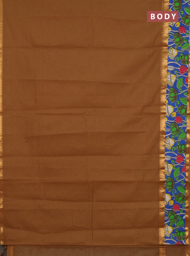 Mangalagiri cotton saree sandal and blue with plain body and rettapet zari woven kalamkari border