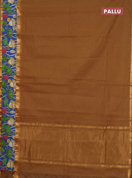 Mangalagiri cotton saree sandal and blue with plain body and rettapet zari woven kalamkari border