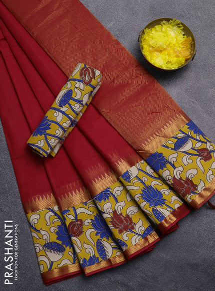Mangalagiri cotton saree red and mustard yellow with plain body and rettapet zari woven kalamkari border