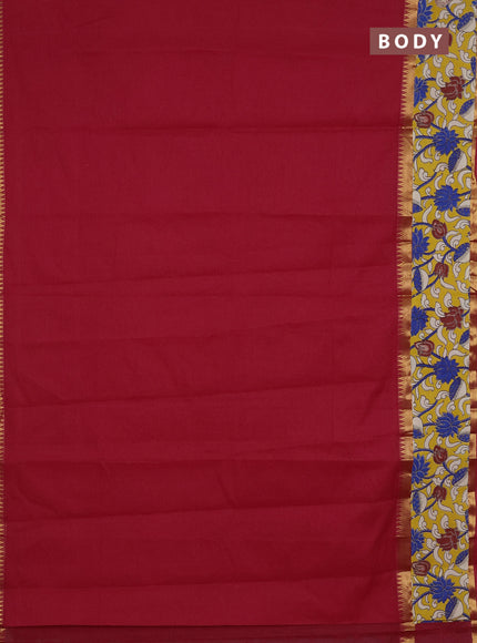 Mangalagiri cotton saree red and mustard yellow with plain body and rettapet zari woven kalamkari border