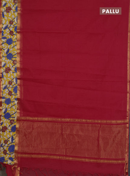 Mangalagiri cotton saree red and mustard yellow with plain body and rettapet zari woven kalamkari border