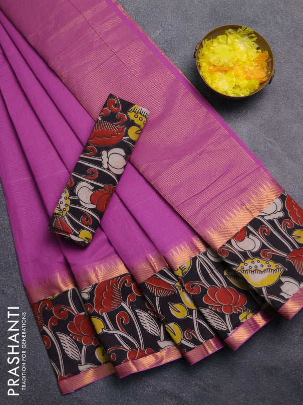 Mangalagiri cotton saree purple and black with plain body and rettapet zari woven kalamkari border