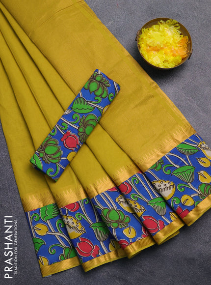 Mangalagiri cotton saree mustard green and blue with plain body and rettapet zari woven kalamkari border