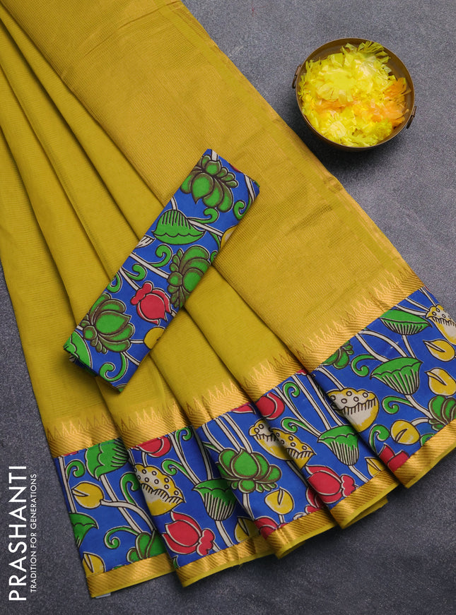 Mangalagiri cotton saree mustard green and blue with plain body and rettapet zari woven kalamkari border