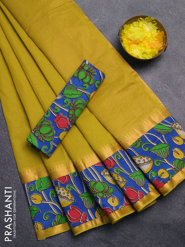 Mangalagiri cotton saree mustard green and blue with plain body and rettapet zari woven kalamkari border