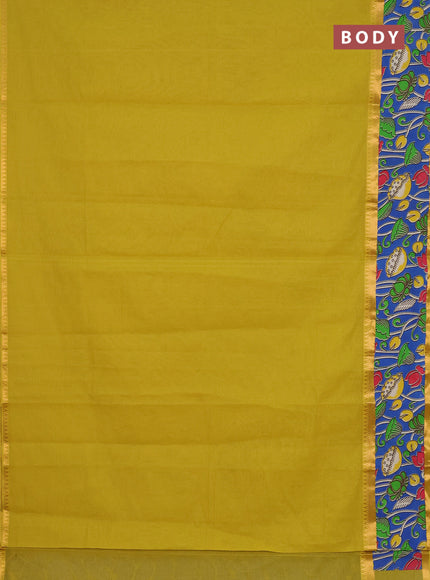 Mangalagiri cotton saree mustard green and blue with plain body and rettapet zari woven kalamkari border