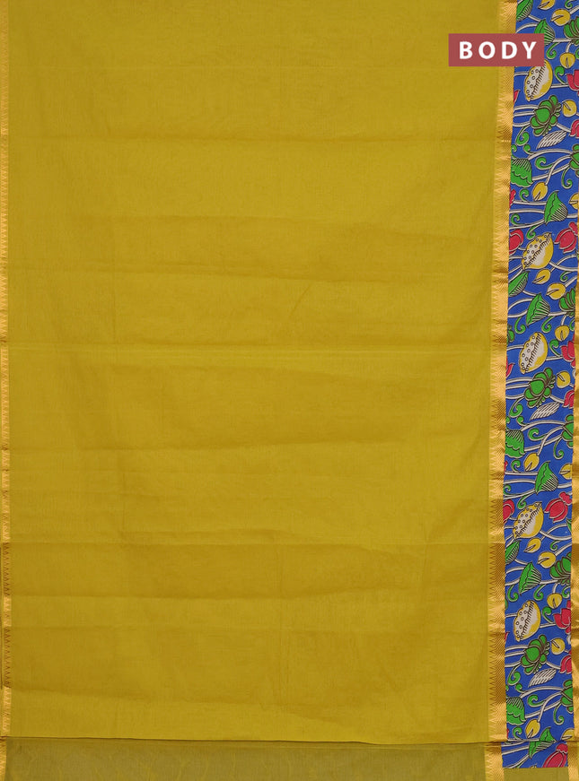 Mangalagiri cotton saree mustard green and blue with plain body and rettapet zari woven kalamkari border