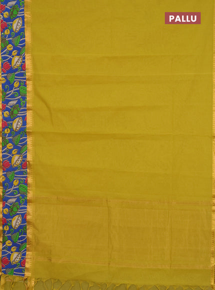 Mangalagiri cotton saree mustard green and blue with plain body and rettapet zari woven kalamkari border