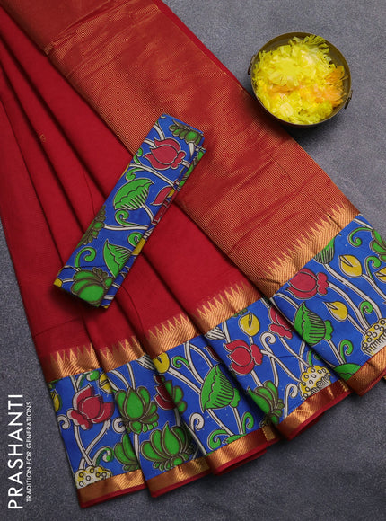 Mangalagiri cotton saree red and blue with plain body and rettapet zari woven kalamkari border