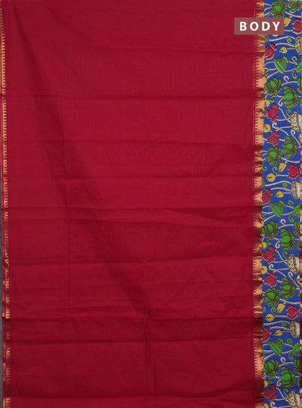 Mangalagiri cotton saree red and blue with plain body and rettapet zari woven kalamkari border