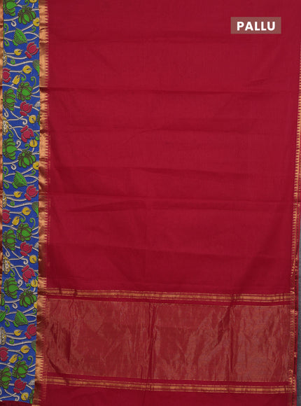 Mangalagiri cotton saree red and blue with plain body and rettapet zari woven kalamkari border