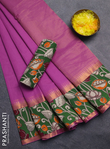 Mangalagiri cotton saree purple and green with plain body and rettapet zari woven kalamkari border