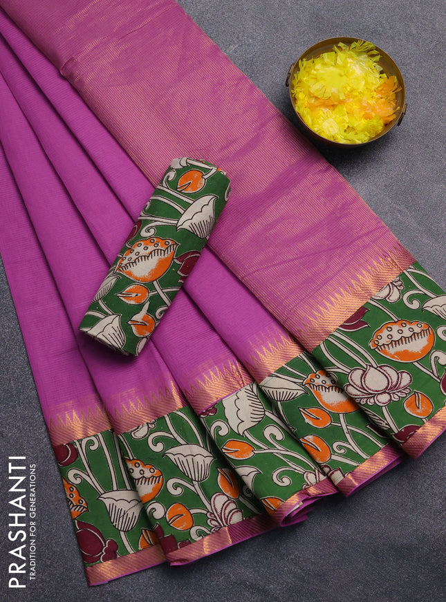 Mangalagiri cotton saree purple and green with plain body and rettapet zari woven kalamkari border