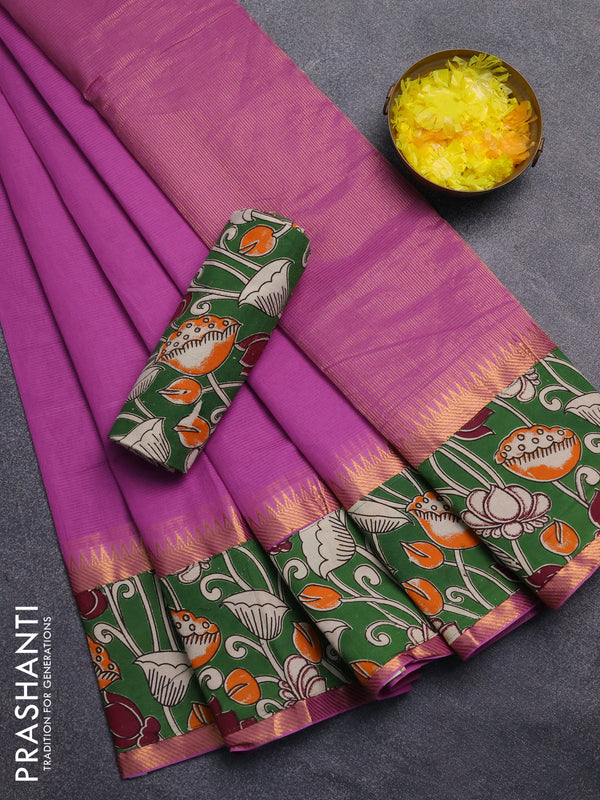 Mangalagiri cotton saree purple and green with plain body and rettapet zari woven kalamkari border
