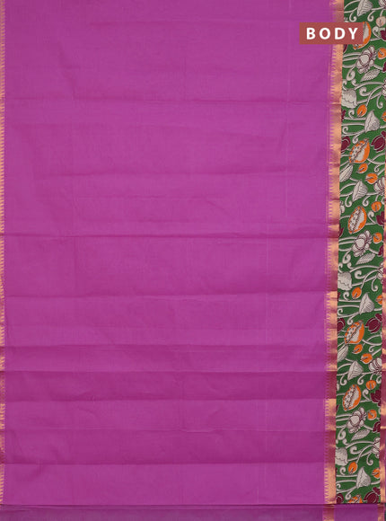 Mangalagiri cotton saree purple and green with plain body and rettapet zari woven kalamkari border