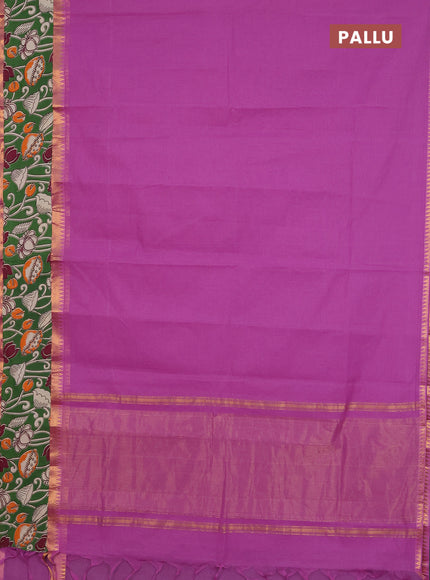 Mangalagiri cotton saree purple and green with plain body and rettapet zari woven kalamkari border
