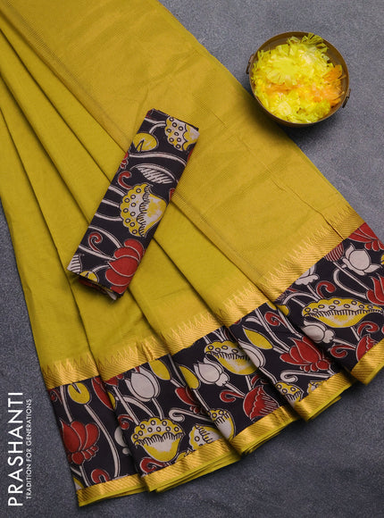 Mangalagiri cotton saree mustard green and black with plain body and rettapet zari woven kalamkari border