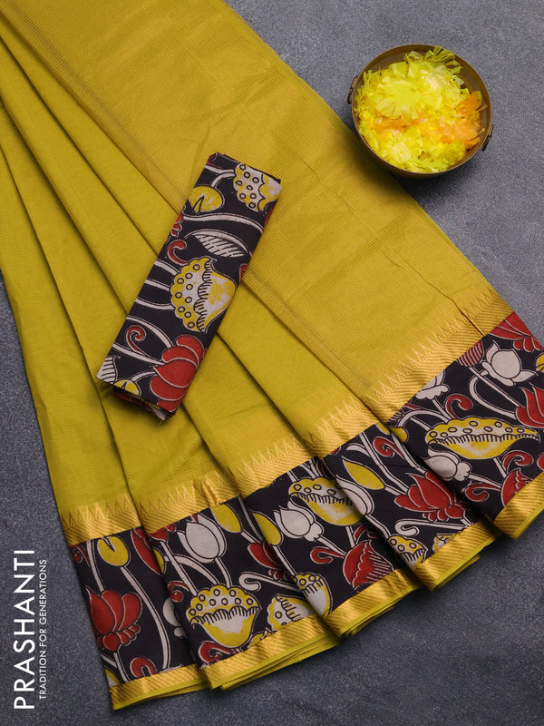 Mangalagiri cotton saree mustard green and black with plain body and rettapet zari woven kalamkari border