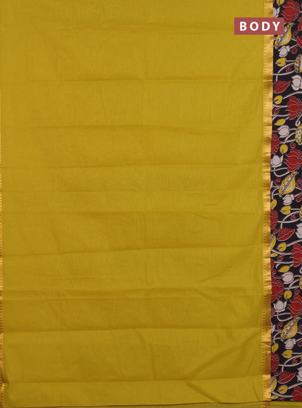 Mangalagiri cotton saree mustard green and black with plain body and rettapet zari woven kalamkari border