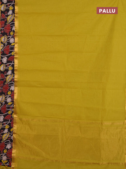 Mangalagiri cotton saree mustard green and black with plain body and rettapet zari woven kalamkari border