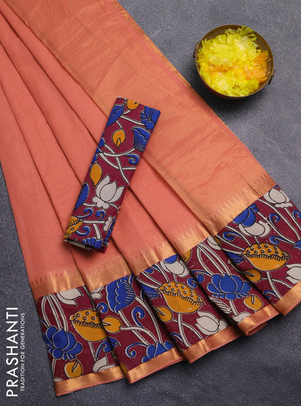 Mangalagiri cotton saree peach shade and wine shade with plain body and rettapet zari woven kalamkari border