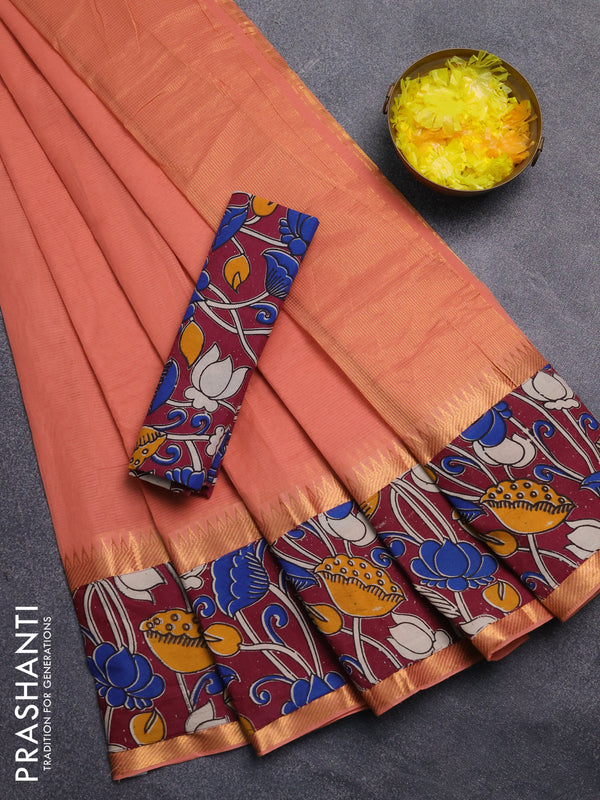 Mangalagiri cotton saree peach shade and wine shade with plain body and rettapet zari woven kalamkari border