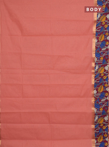Mangalagiri cotton saree peach shade and wine shade with plain body and rettapet zari woven kalamkari border
