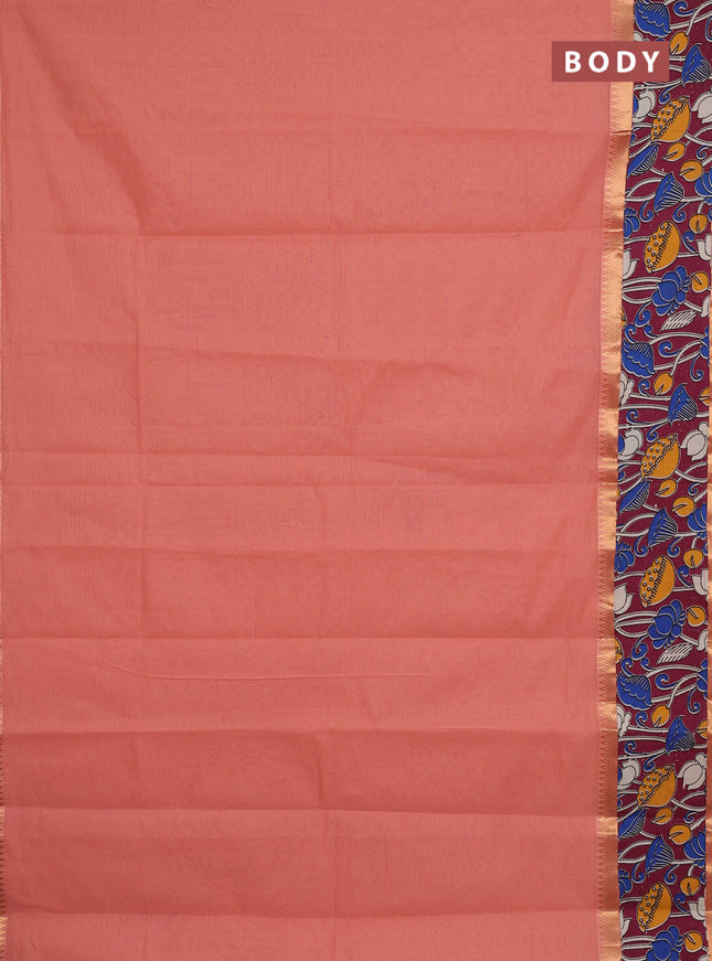 Mangalagiri cotton saree peach shade and wine shade with plain body and rettapet zari woven kalamkari border