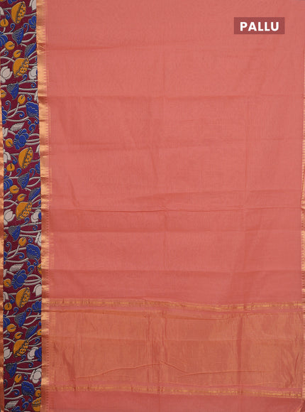 Mangalagiri cotton saree peach shade and wine shade with plain body and rettapet zari woven kalamkari border