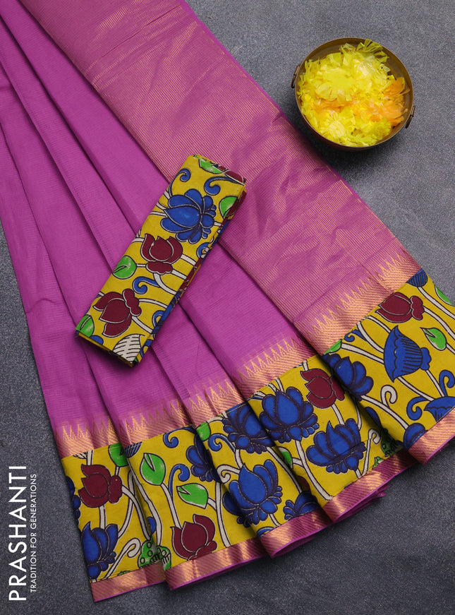 Mangalagiri cotton saree purple and yellow with plain body and rettapet zari woven kalamkari border