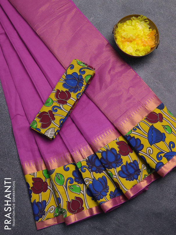 Mangalagiri cotton saree purple and yellow with plain body and rettapet zari woven kalamkari border
