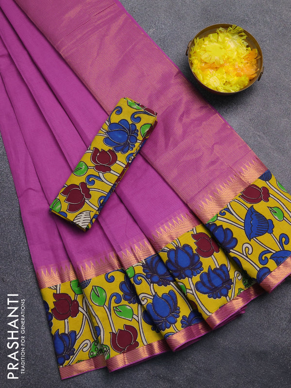 Mangalagiri cotton saree purple and yellow with plain body and rettapet zari woven kalamkari border