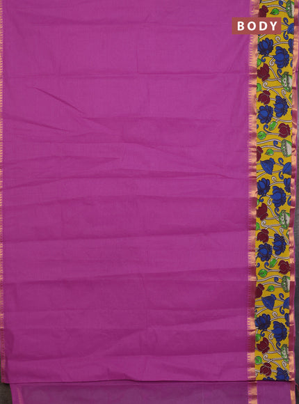 Mangalagiri cotton saree purple and yellow with plain body and rettapet zari woven kalamkari border