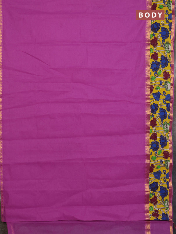 Mangalagiri cotton saree purple and yellow with plain body and rettapet zari woven kalamkari border