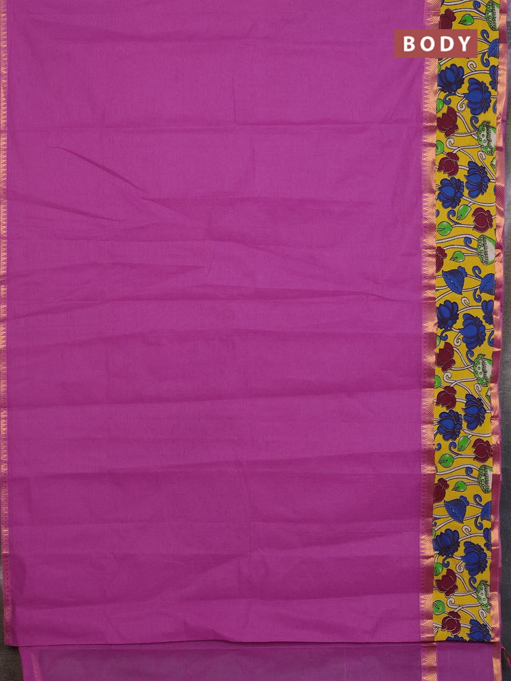 Mangalagiri cotton saree purple and yellow with plain body and rettapet zari woven kalamkari border