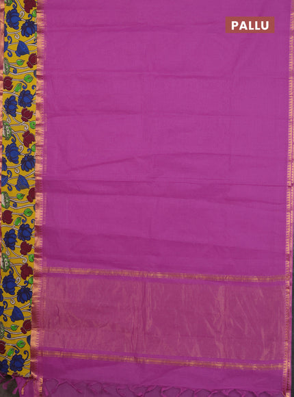 Mangalagiri cotton saree purple and yellow with plain body and rettapet zari woven kalamkari border
