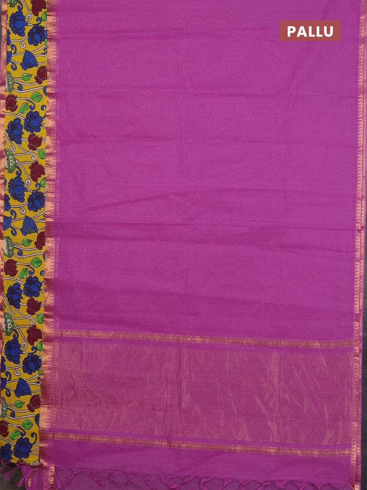Mangalagiri cotton saree purple and yellow with plain body and rettapet zari woven kalamkari border